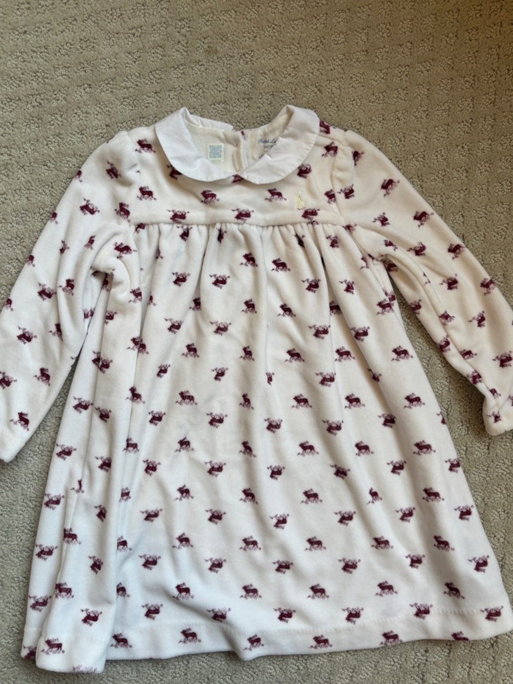 Ralph Lauren White Velour Baby Dress with Burgundy Reindeer Motif